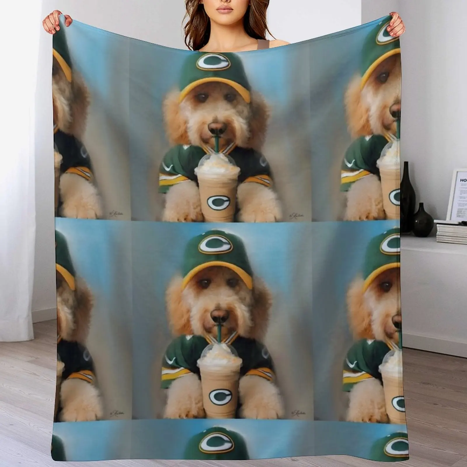 

Funny Coffee Drinking Labradoodle Dog in Baseball Hat and Football Shirt Throw Blanket Christmas blanket gift