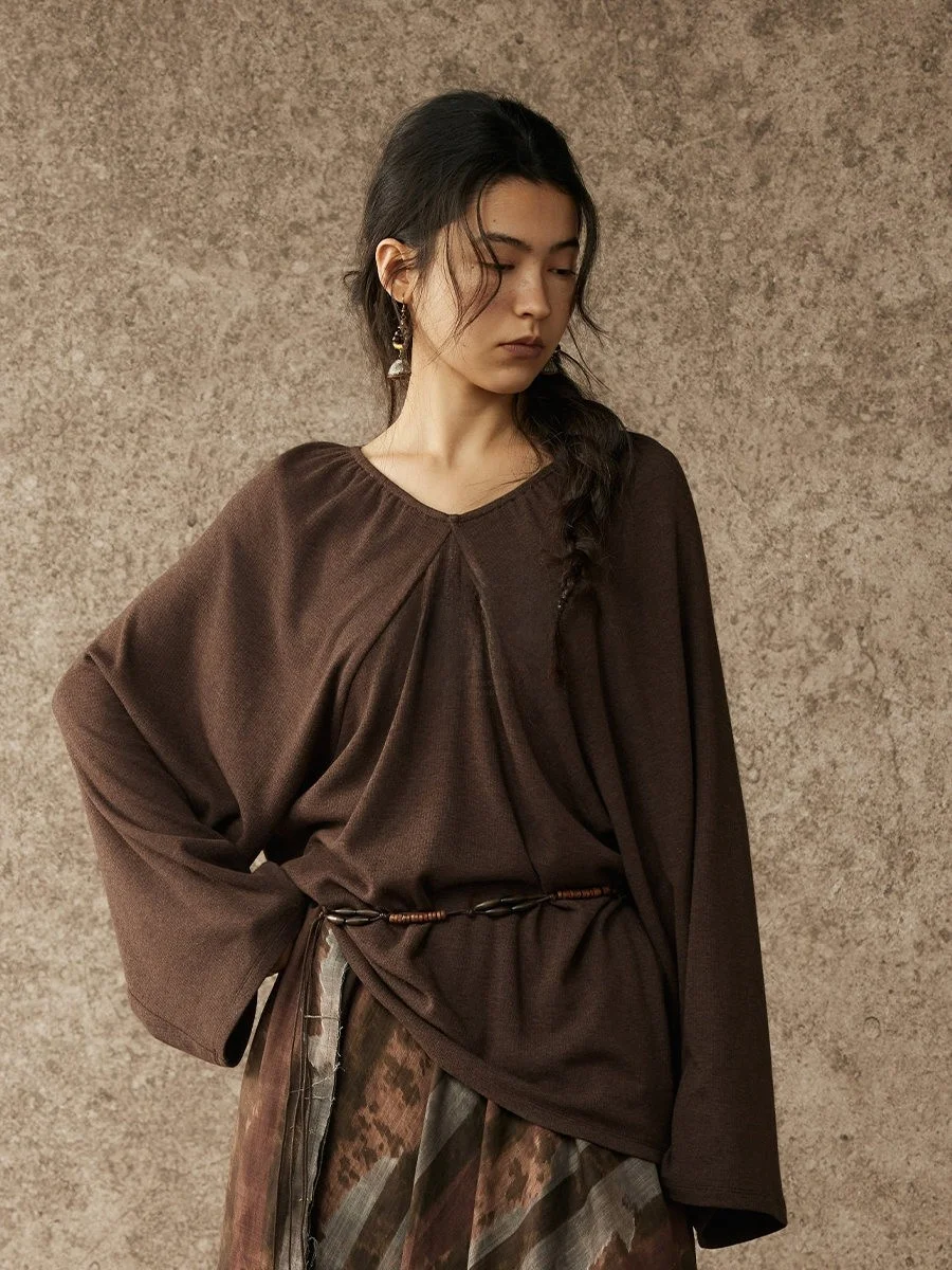 

alpa Lew Spring Blooming Vintage Double V-Ne Wool Loose Fit Women's irt Comfortable Relax Sle Long Sve Cotton Blend