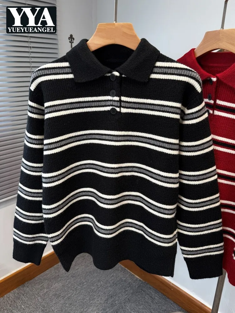 

Mens Turndown Collar Striped Knitted Tops Winter Casual Pullover Sweater Long Sleeve Comfortable Fashion Harajuku Knitwear Male