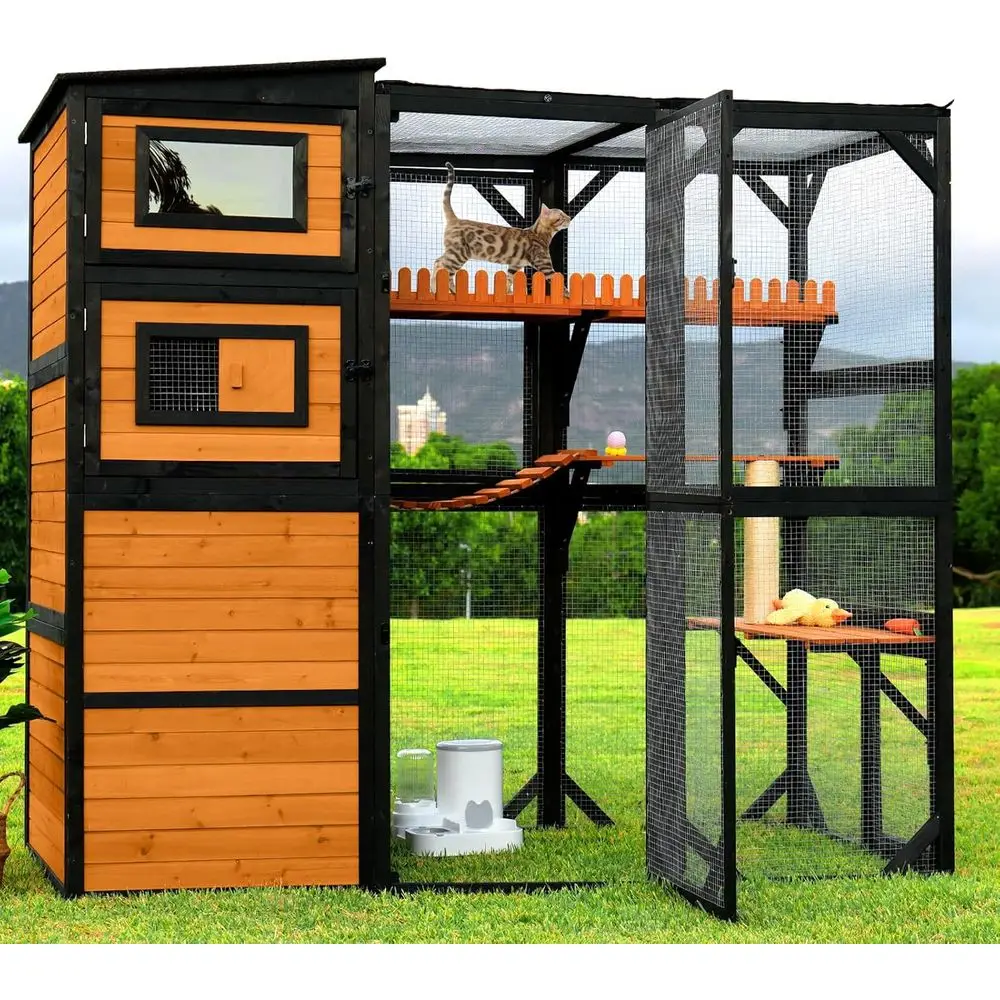 

Large 4-Tier Wooden Cat House with Weatherproof Roof, Connects to Window, Includes 4 Platforms, Scratching Pole, and Bridge