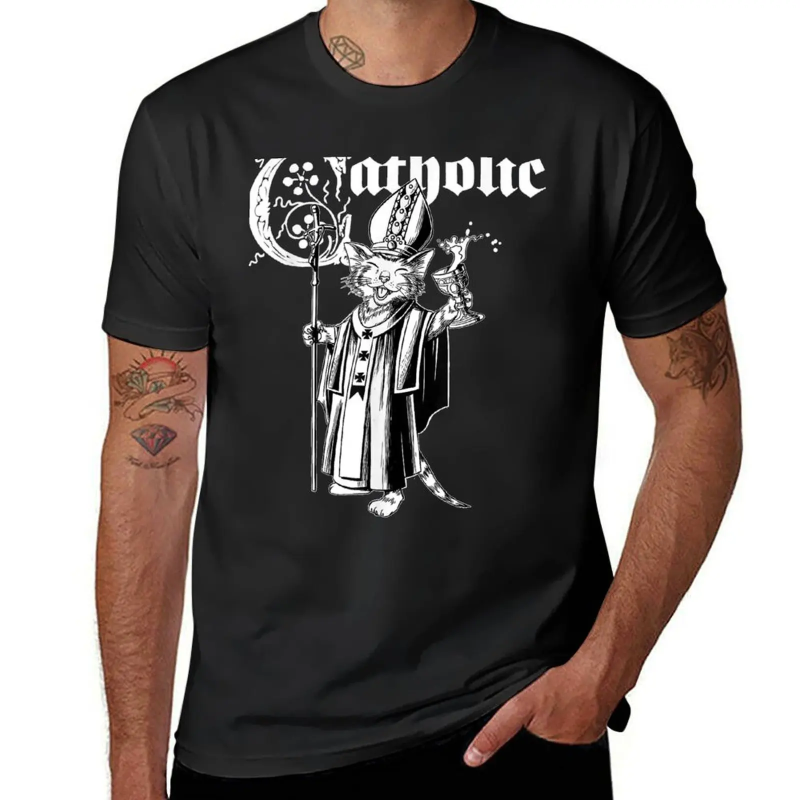 Blackcraft Cat Catholic Drunken Cat Dressed As Pope T-Shirt blacks tops mens graphic t-shirts funny