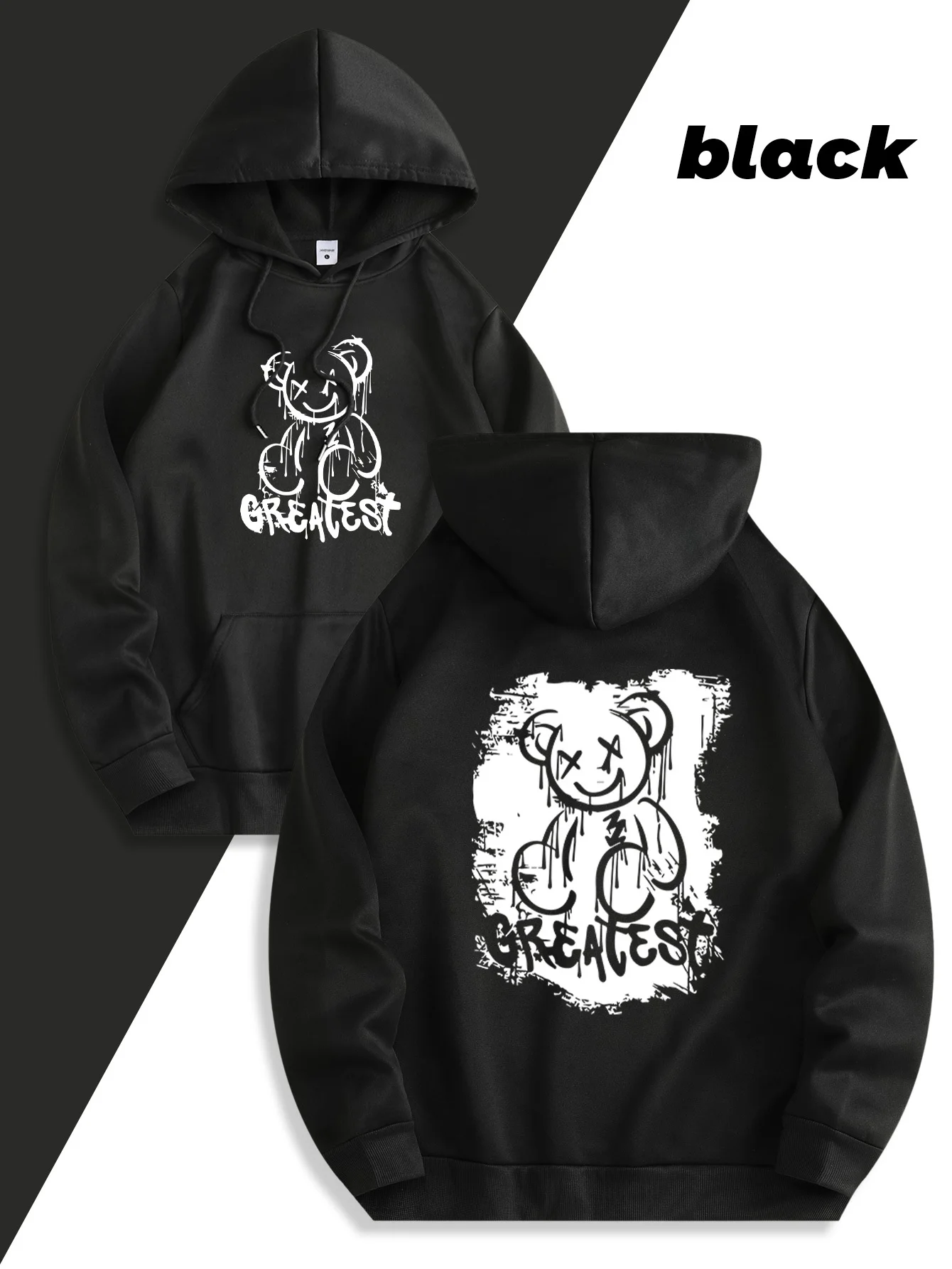 City street casual hip-hop men's winter fleece pullover with hood, retro distressed bear print, outdoor sports and casual wear.