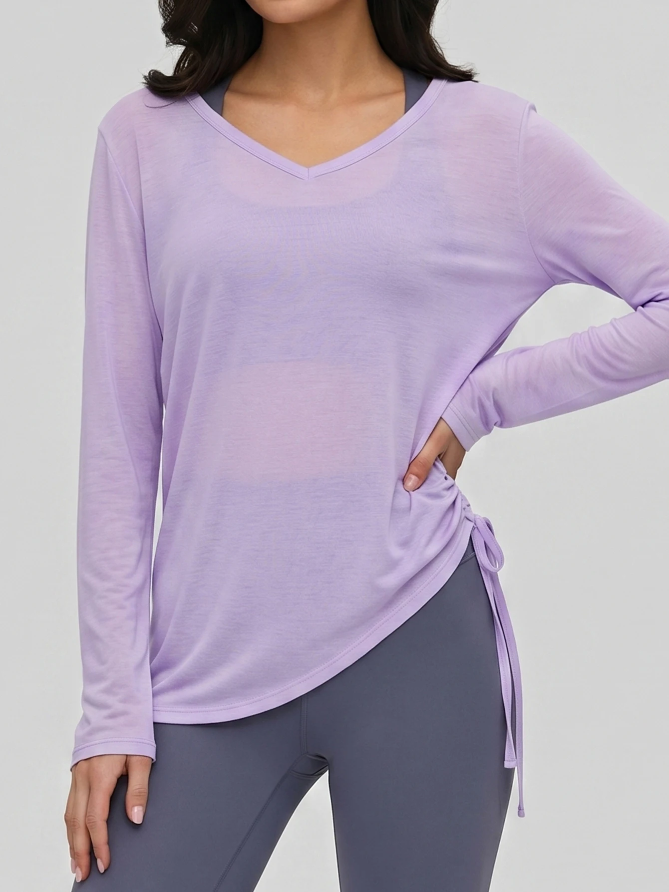 Women's V Neck Long Sleeve Yoga Top, Side Drawstring Ruched Asymmetric Hem Casual Athletic Workout Layering Shirt