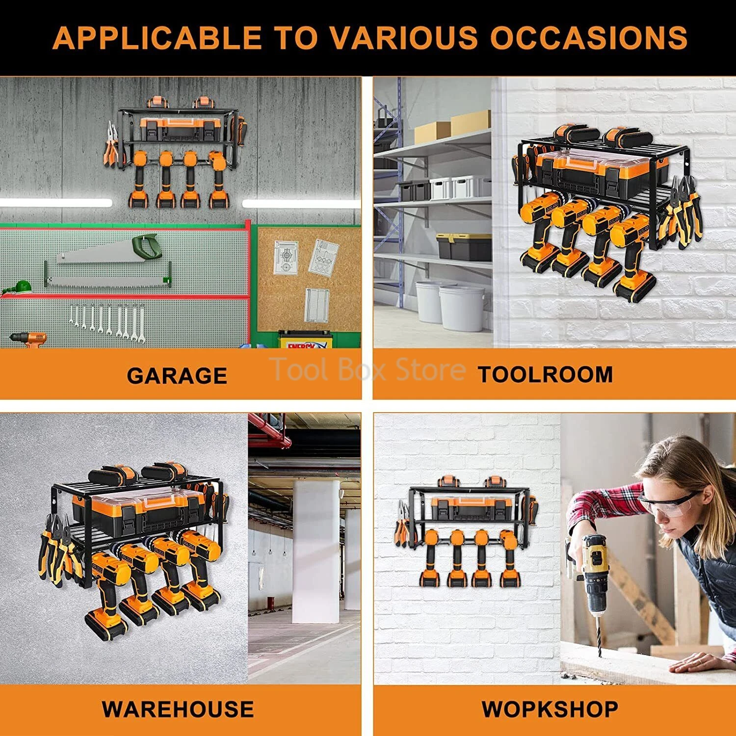 3-Layer Power Tool Rack Wall Mount Tools Organizer Heavy Duty Electric Drill Holder Floating Tool Shelf Garage Tool Cabinet