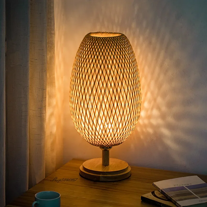 Vintage Bamboo Table Lamps Chinese Style Handmade Wooden Desk Lamp for Living Room Bedroom Decoration Creative E27 Beside Lamp