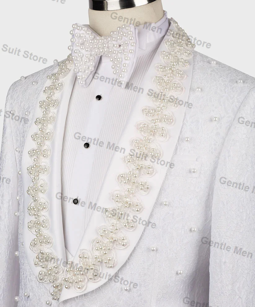 White Jacquard Men Suits Set 2 Piece Blazer+Pant Pearls Prom Groom Wedding Tuxedo Coat Tailored Made Male Business Office Jacket