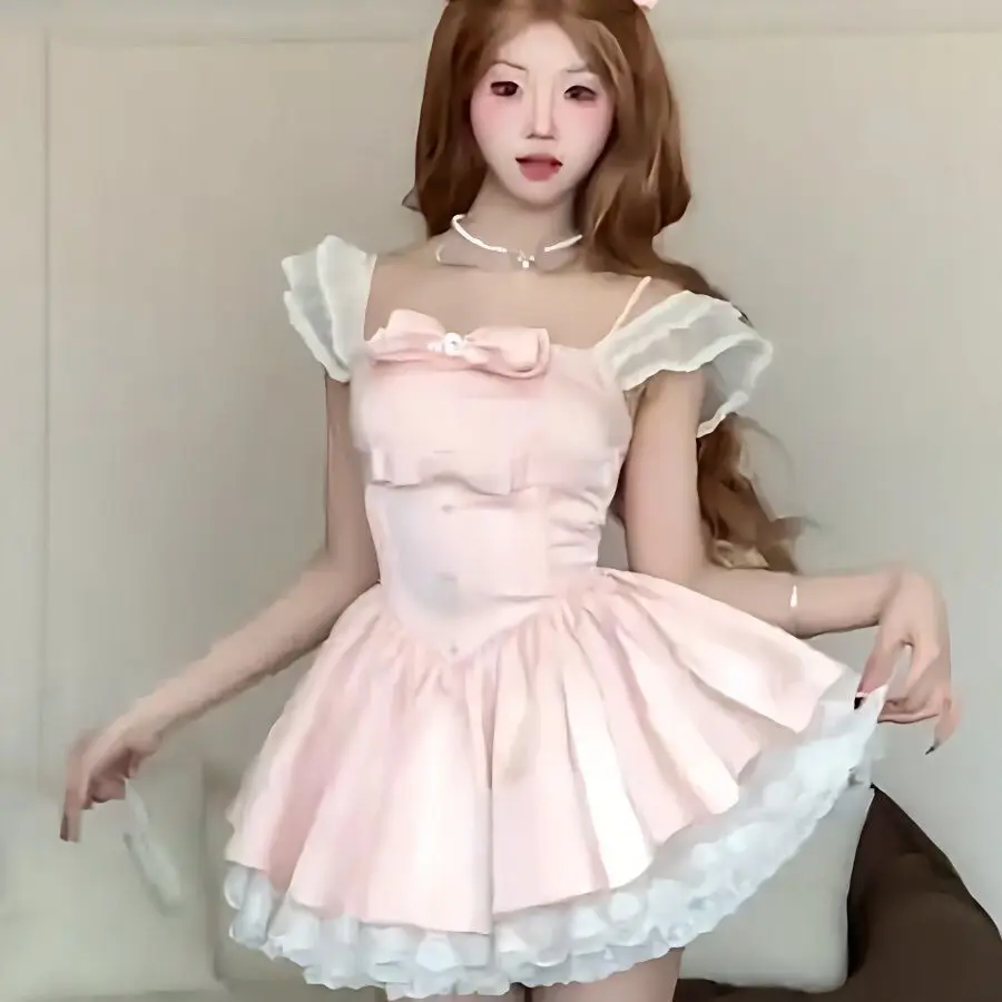 Pink & White Bow Corset Style Dress | Coquette Ruffle Sleeve Layered Skirt Mini Dress Lolita Princess Party Elegant Clothes view 2