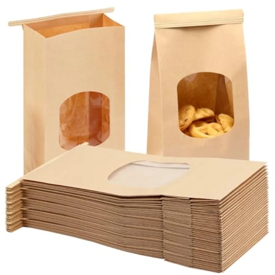 

100pcs Medium Bakery Cookie Bags with Window, 4.5x2.36x9.6in, Seal by Tin Tie Tab, Kraft Paper Bags for Cookie Coffee Bread Bak