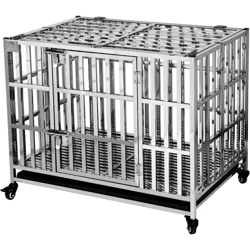 

37" Stackable Heavy Duty Dog Crate Pet Stainless Steel Kennel Cage for Small Dogs with Tray In-Door Foldable Dog Pet Cage