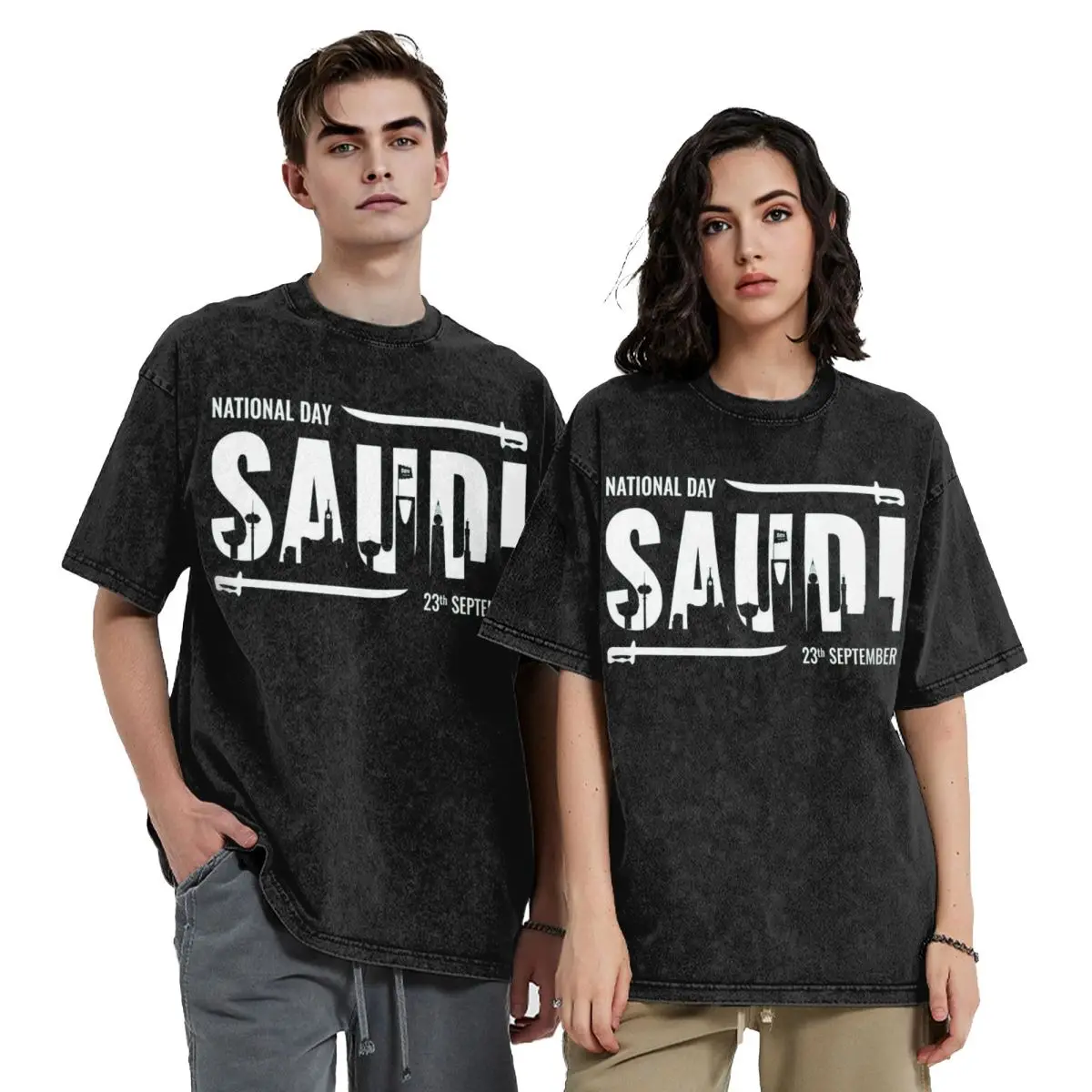 Stylish Saudi National Day Kingdom Of Saudi Arabia Accessories T Shirts Washed Style for Men Women T-Shirt Casual Top Tees