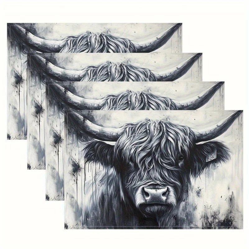 2/4/6 قطعة من مفارش كتان البقرة الاسكتلندية | مستطيلة قابلة للغسل باليد | مثالية للمطبخ والحفلات والعطلات #5