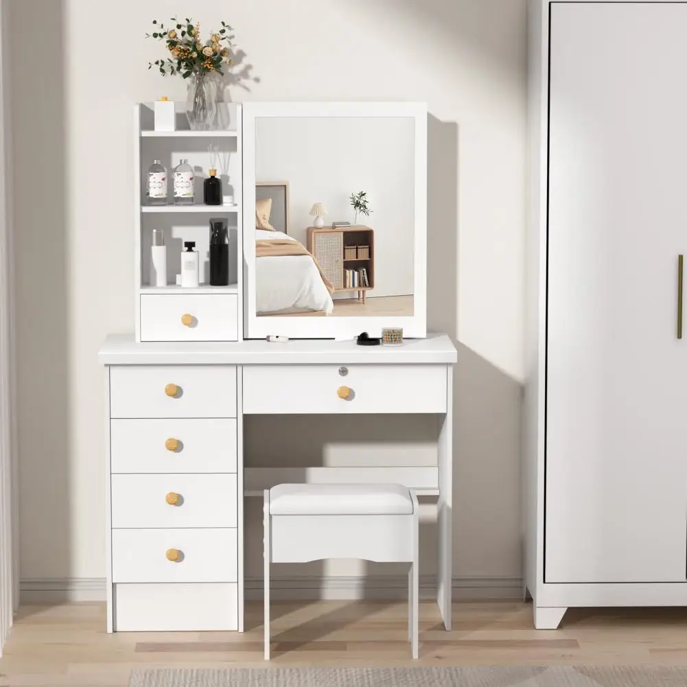 Vanity Desk with Sliding Mirror, Bedroom Dressing Table, Makeup Desk with 6 Drawers, Open Shelves, Hidden Storage Space image 3