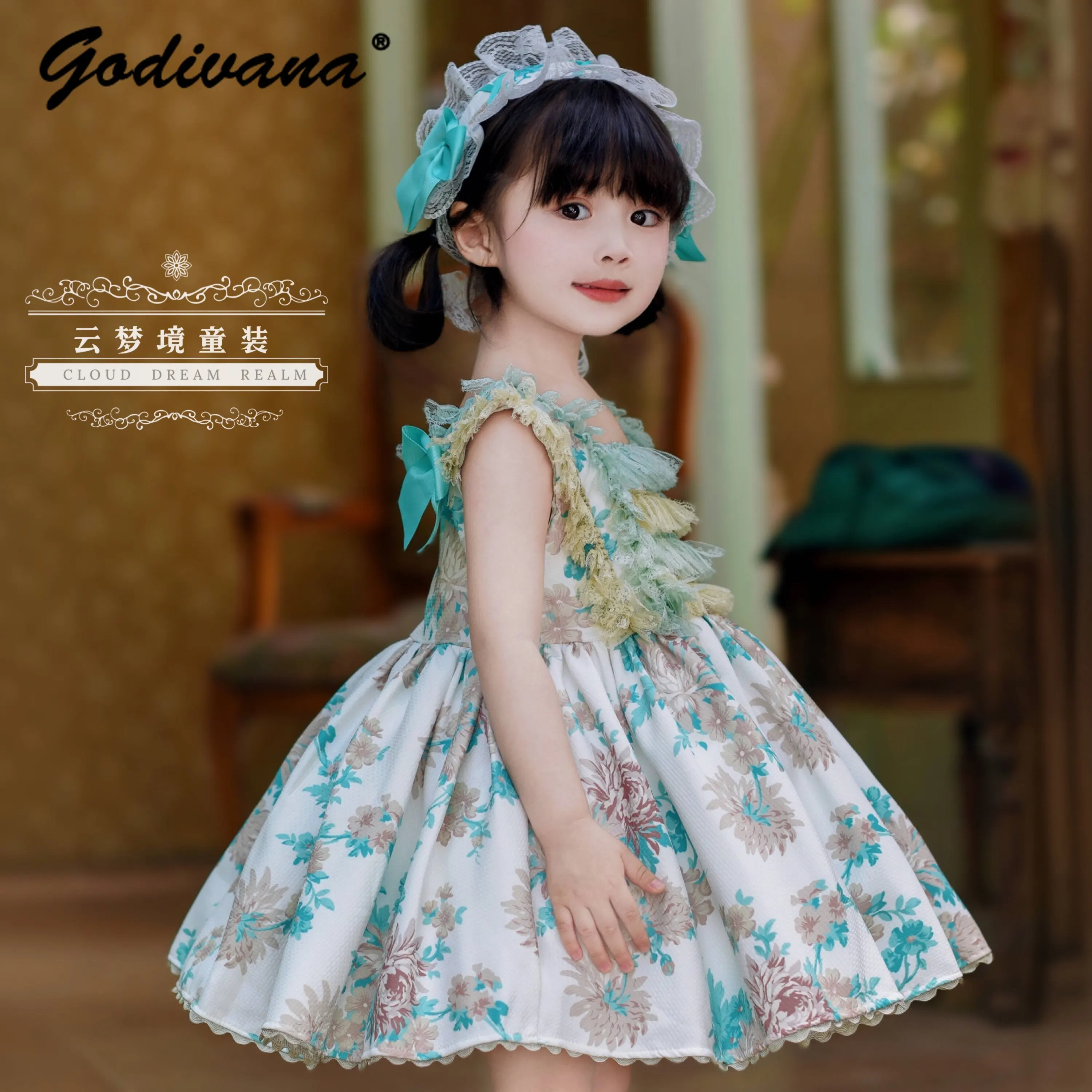 Original Sweet Baby Girls Spanish Vintage Pastorale Lolita Princess Dress Kids Summer New Floral Print Lace Birthday Tutu Gown