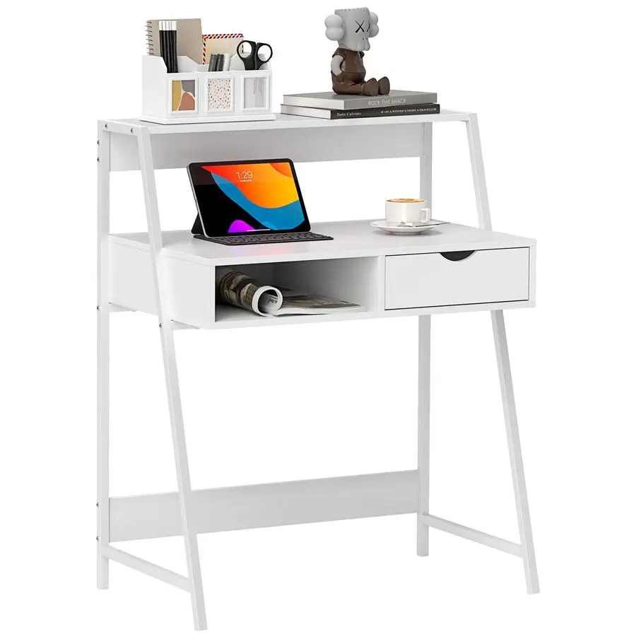 

Home Office Desk, Computer Desk with A Frame for Small Spaces, Writing Table with Drawer and Storage Shelves, White