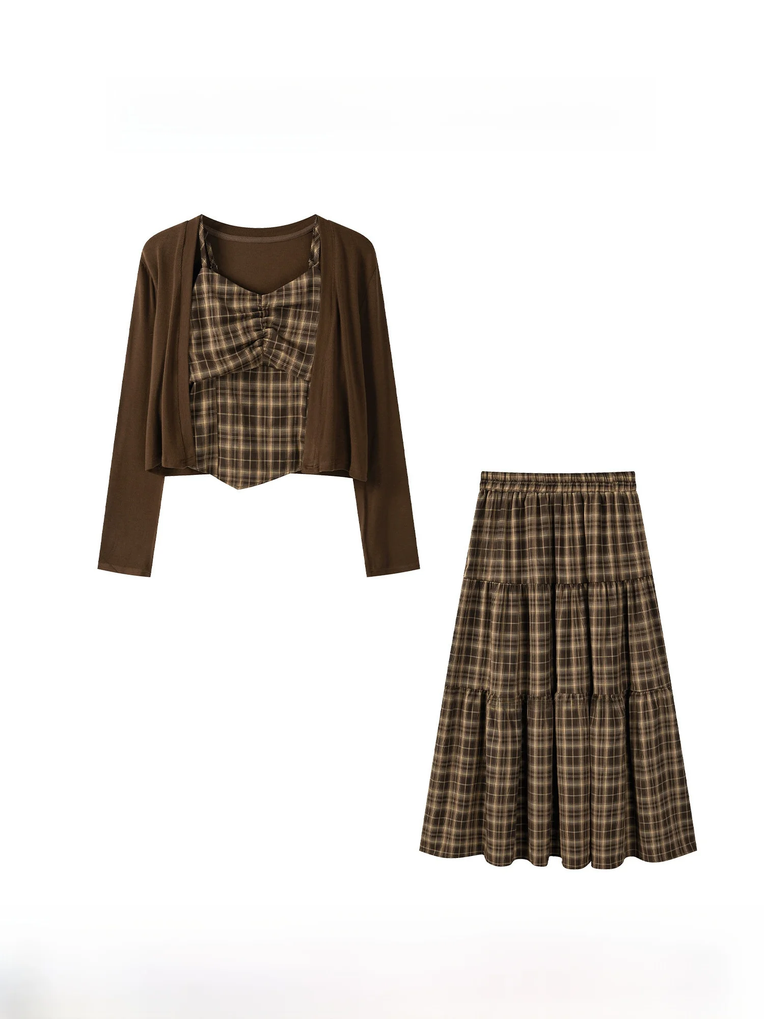 

Ретро клетчатый комплект с асимметричными ремешками, женский новый осенний комплект 2024, открытый кардиган с защитой от солнца, комплект из двух предметов, дышащий свободный крой