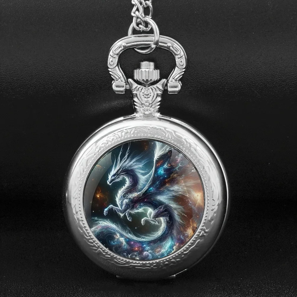 1pc Retro Creative Dragon Quartz Pocket Watch, Cool Silvery Necklace Pocket Watch, Gift Accessories