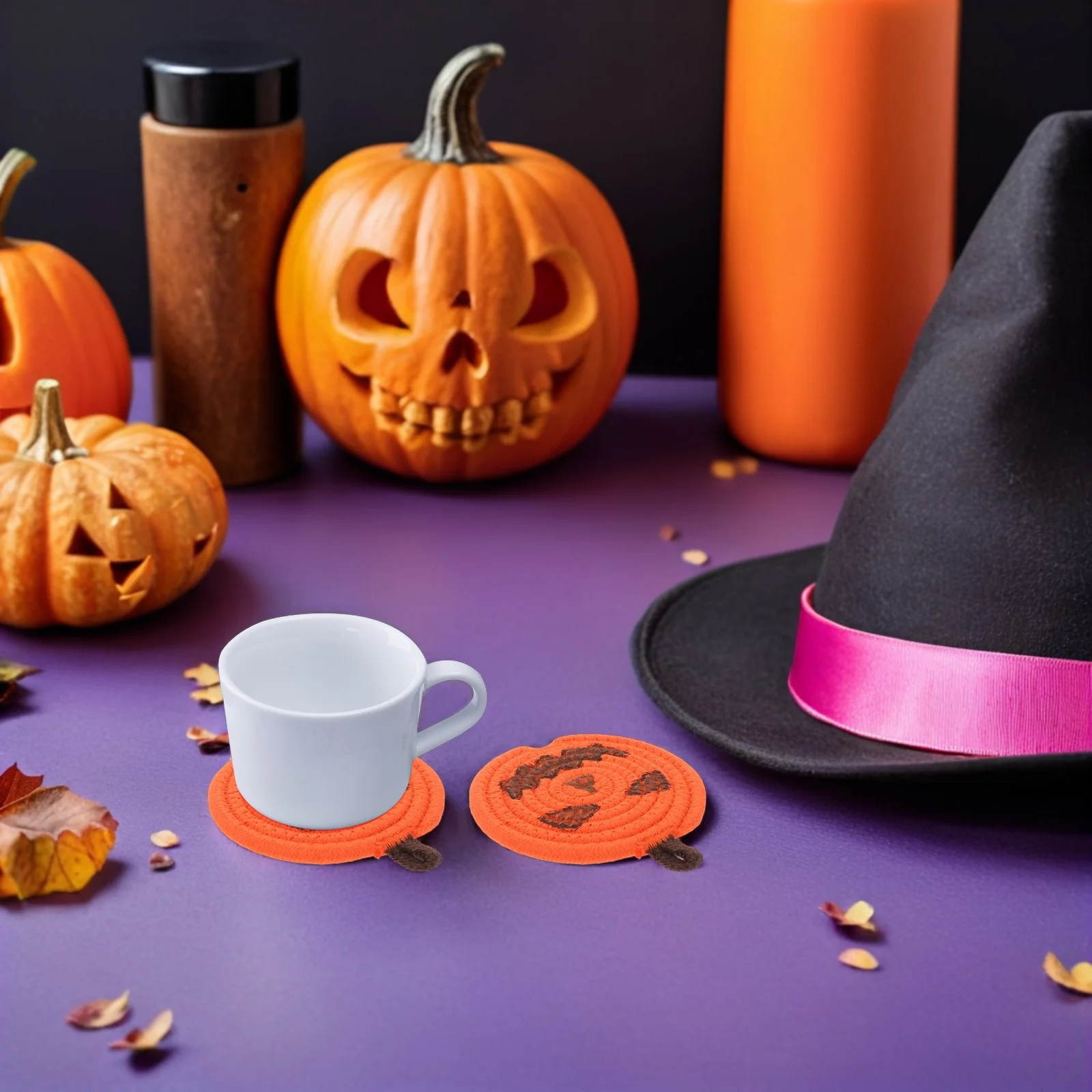 

4Pcs Halloween Pumpkin Braided Cotton Coasters Heat Insulated Rustic Drink Mats Decorative Coasters for Home Party