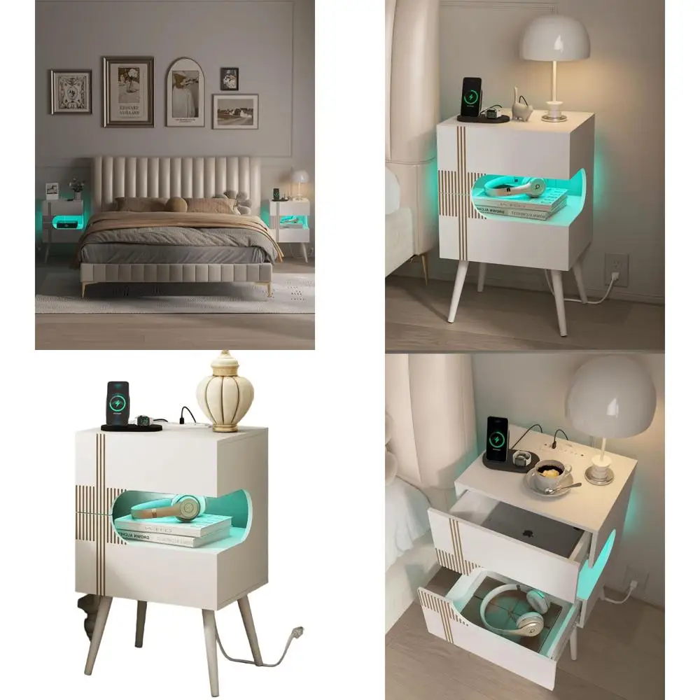 

Modern White Bedside Table with Charging Station, LED Lights, and 2 Storage Drawers, Solid Wood Legs