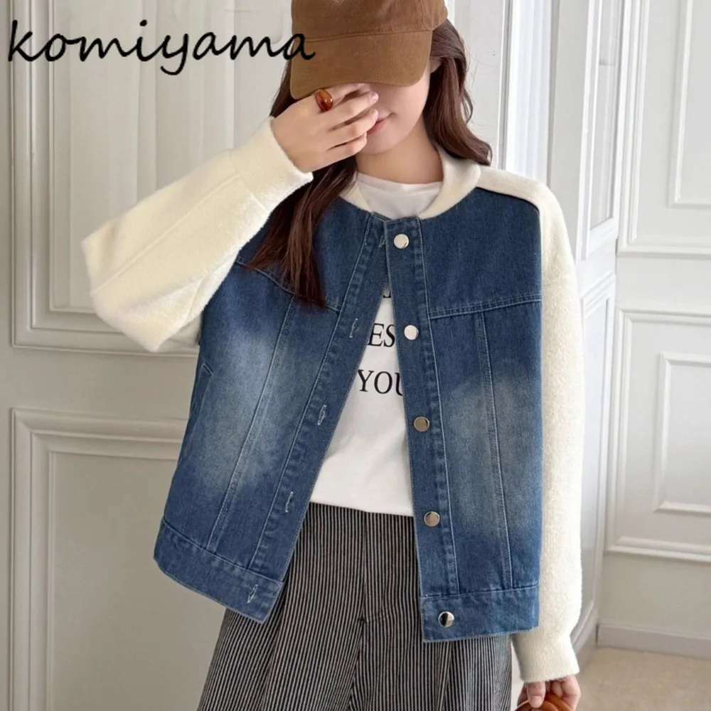

Denim Spliced Woman 2025 Cardigan New Loose Casual Ropa Mujer Trendy Sweater O-neck Long Sleeve Pulls Femmes Winter Clothes