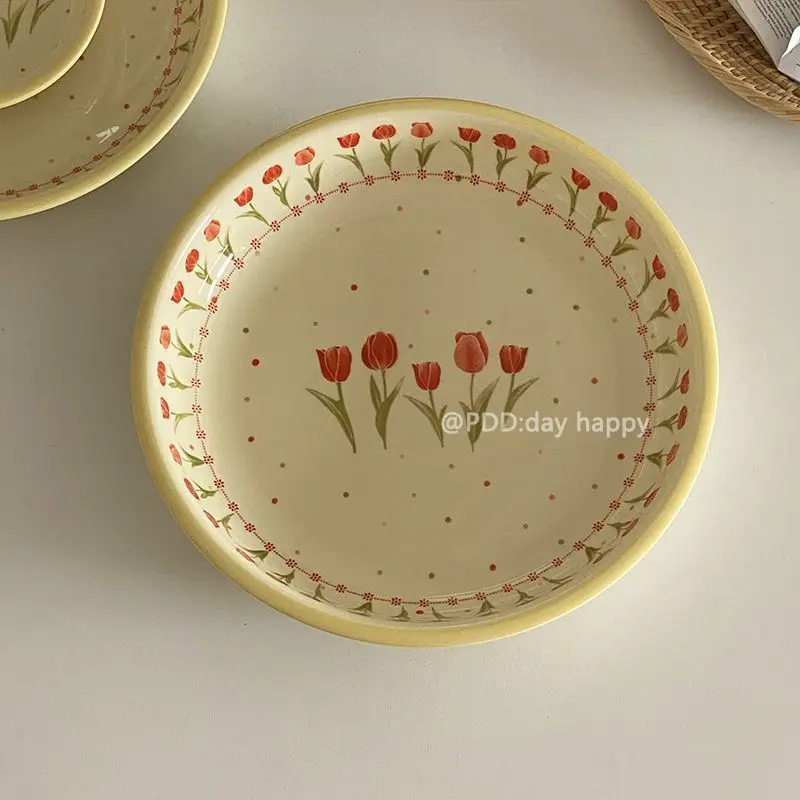 Pastoral Plate Creamy Yellow Floral Ceramic Plate Korean Warm Tableware Underglaze Colored Dishes Desserts Western Food Plate