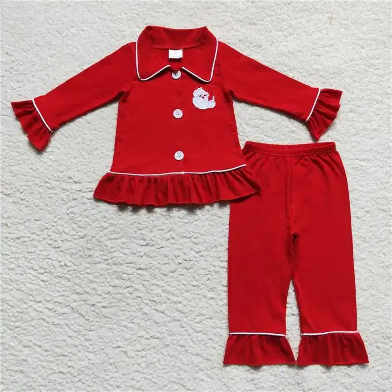 

Hot RTS toddler girl cotton red christmas button pajamas santa embroidery kids clothing children boutique sleepwear kid clothes