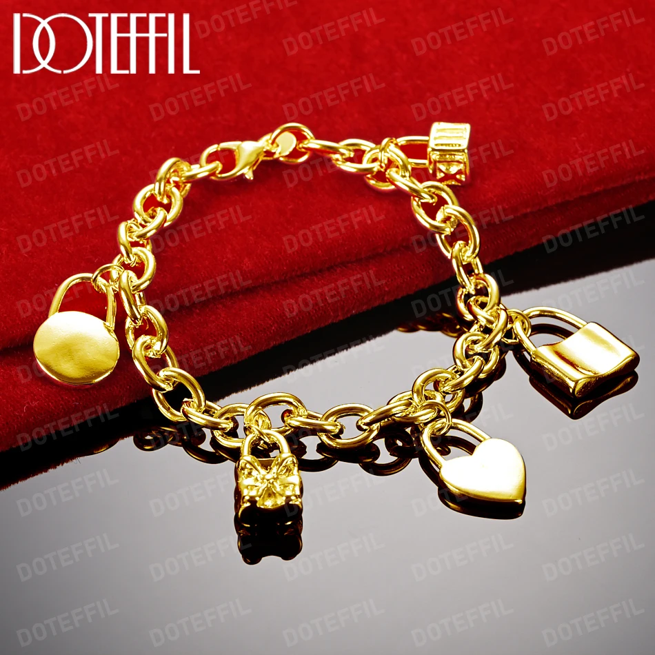 

DOTEFFIL 18K Gold Bracelet Heart / Circle / Square Lock Bracelets Bangles Woman Man Fashion Charm Wedding Jewelry