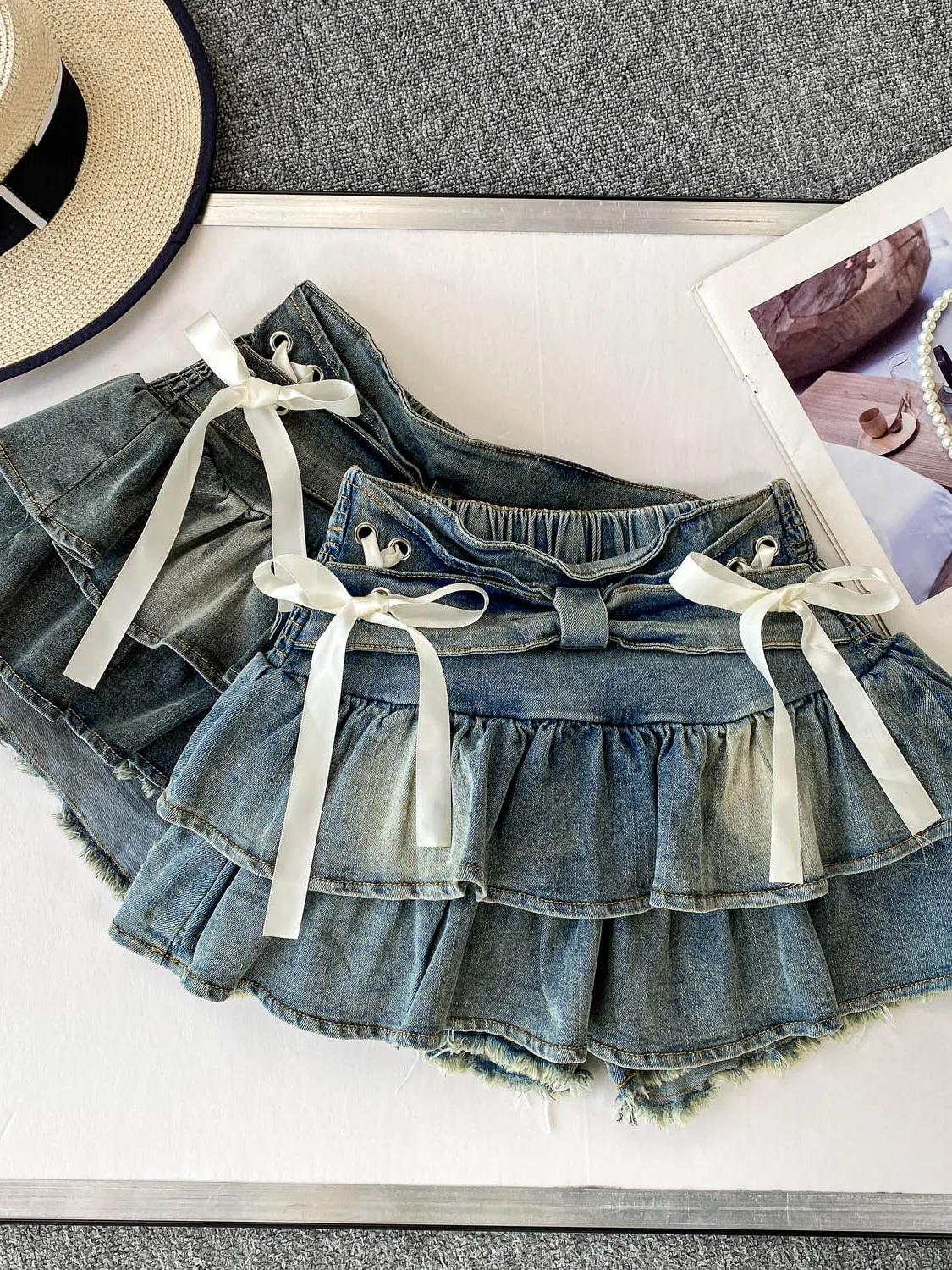 

Retro Bowknot High Waist Puffy Hem Denim Skirt Women's Summer Slimming Flared ort Skirt Pants Korean Sle Cake Skirt
