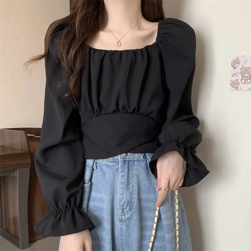 French Style Collarbone Square Neck Bubble Sleeve Shirt for Women\'s Spring New Long Sleeves Unique Short Strap Chiffon Chic Top