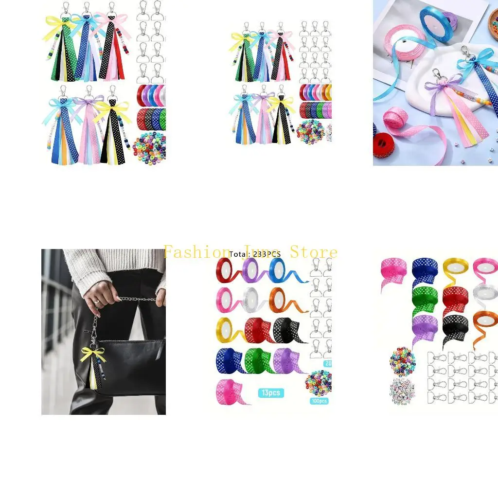 

N5KA 233PCS All In Keyring Craft Featuring Glossy Ribbons And Smooth Acrylic Beads