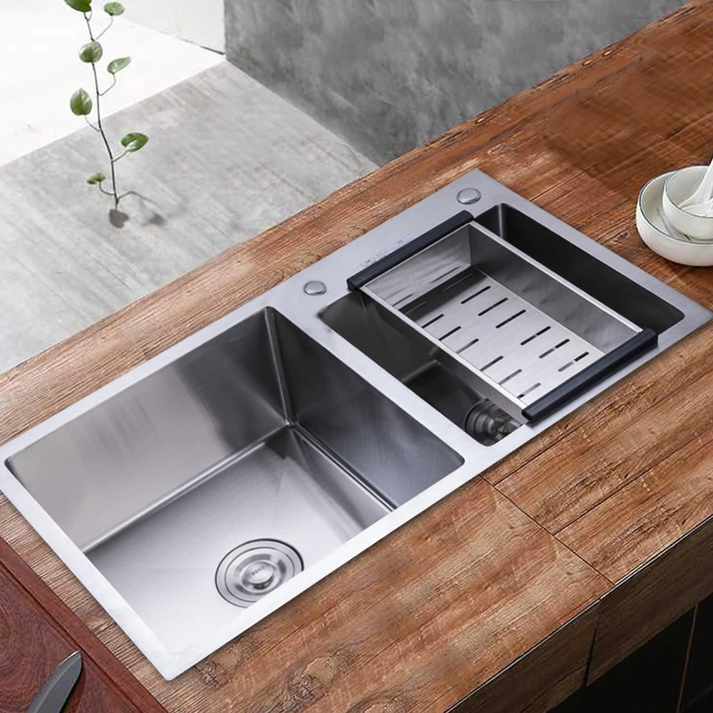 Kitchen Sink Double Bowl with Drainage Basket and Drain Device Stainless Steel Dishwasher Vegetable Sink Silver