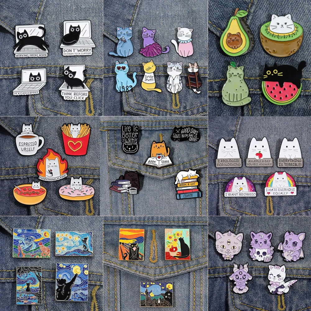 2-8pcs Cat Brooch Set Food Coffee Skull Broom Drawing Witch Books Rainbow Music Computer Cute Cat Badge Punk Lapel Pins Jewelry