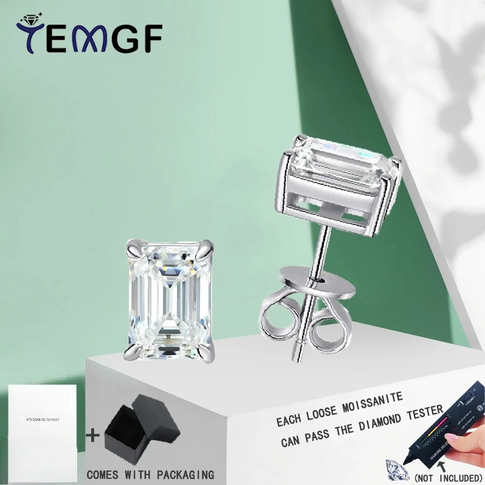 

TEMGF 1 Pair Moissanite Stud 0.5/1/2CT Emerald Cut S925 Sterling Silver Earrings for Women Classic Luxury Fine Jewelry Gifts