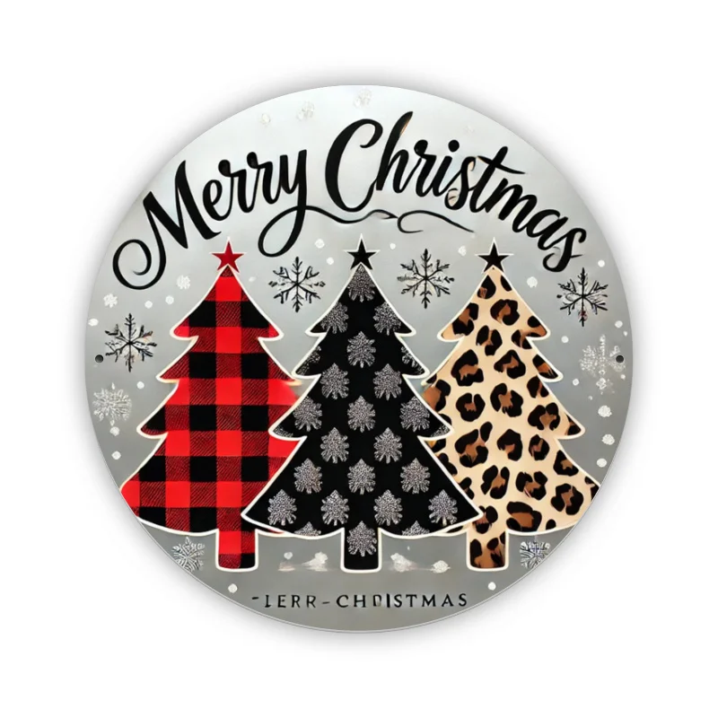 ديكور الغرفة، لافتة إكليل شجرة عيد الميلاد المجيد من الحديد الريفي - ديكور حائط للعطلات ثلاثي الأبعاد مع لهجات طباعة الفهد، حديد متين #3