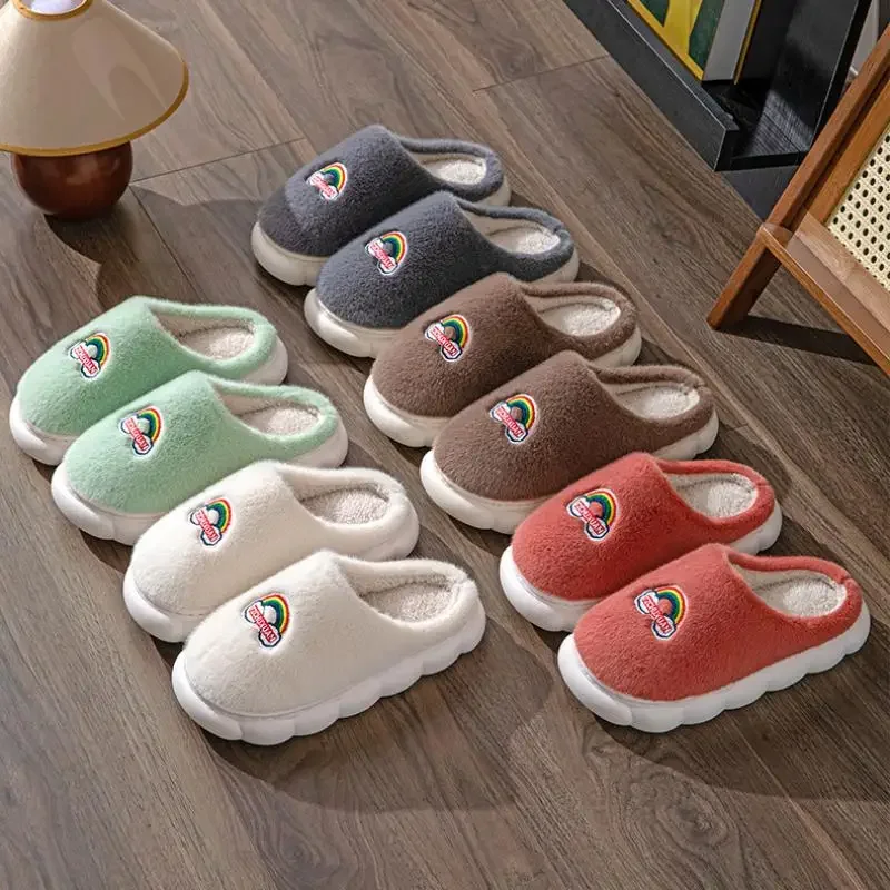 Casual Fluffy Slippers Women House Flats Winter Rainbow Designer Shoes Ladies Home Plush Warm Platform Elegant Footwear Big Size