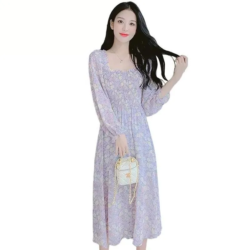 Ele floral embelezado chiffon dr feminino cintura alta na altura do joelho ajuste fino gola quadrada longa saia evasê