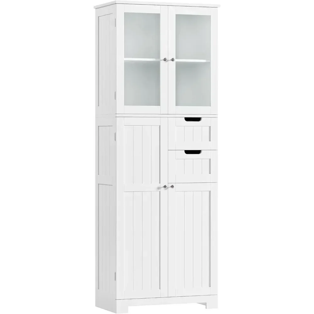 67 inch high storage cabinet with glass doors and shelves, kitchen storage cabinet with 2 bathroom drawers