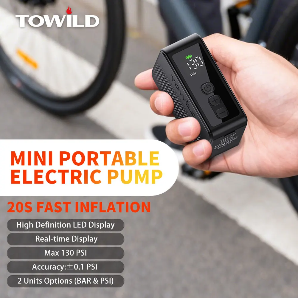

TOWILD A13 Electric Bicycle Inflator Max 130PSI Mini Portable Bicycle Air Pump For AV/FV Tire Inflator Outdoor Bike Accessories