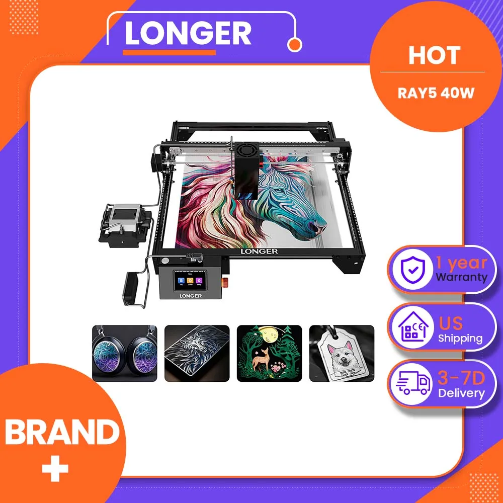LONGER RAY5 40W Laser Engraver, 385×385mm Working Area with Multi-Color Metal Engraving, 24000mm/min Fast Speed, ESP32 Chip, Smart Air Assist, Touch Screen, Safety Protection, Offline Operation, Compatible with LightBurn for Wood, Metal & Acrylic Cutting