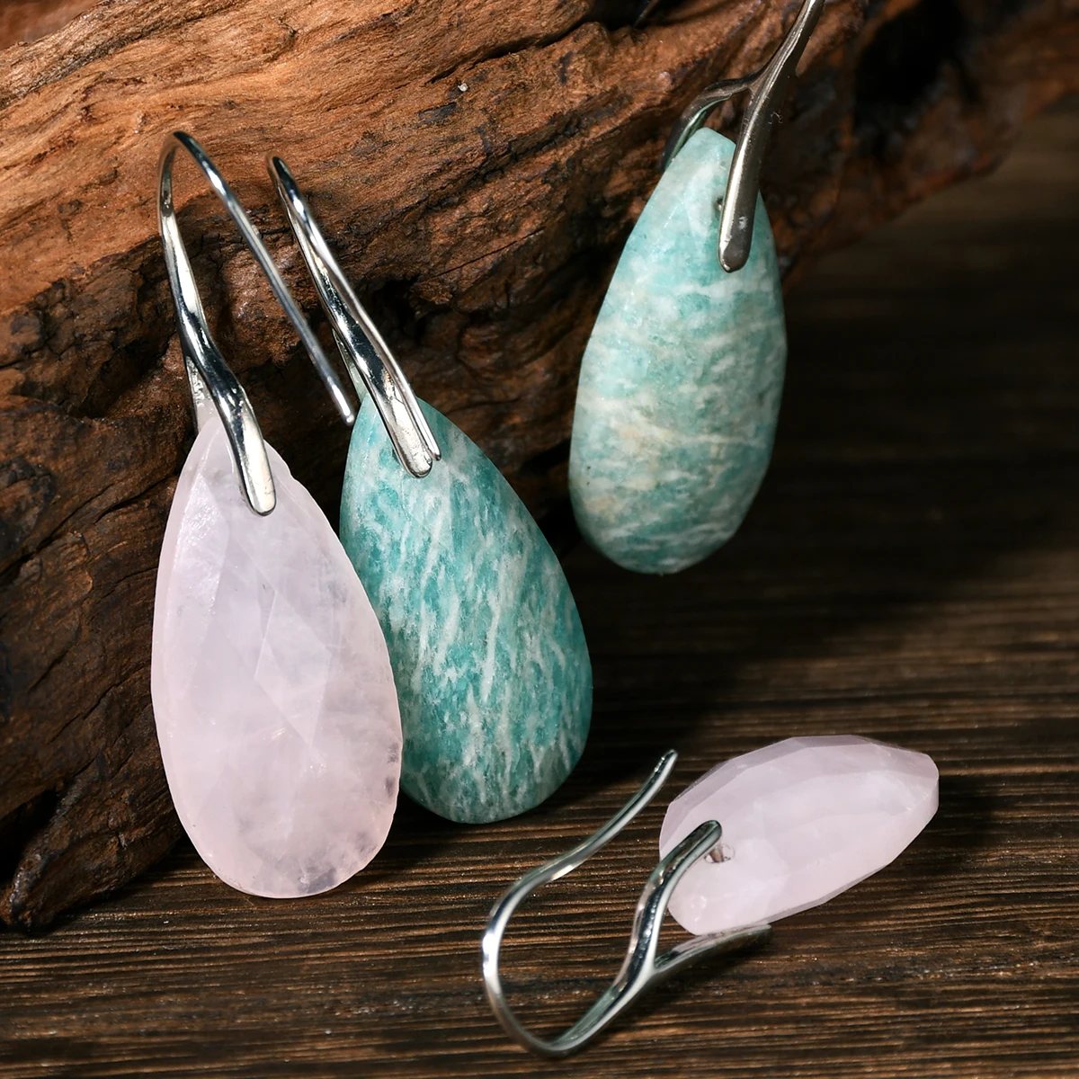 Natural Stone Rose Quartz Amazonite Stone Tangent Plane Water Drop Earrings Boho Women’s Exquisite Birthday Party Jewelry Gifts