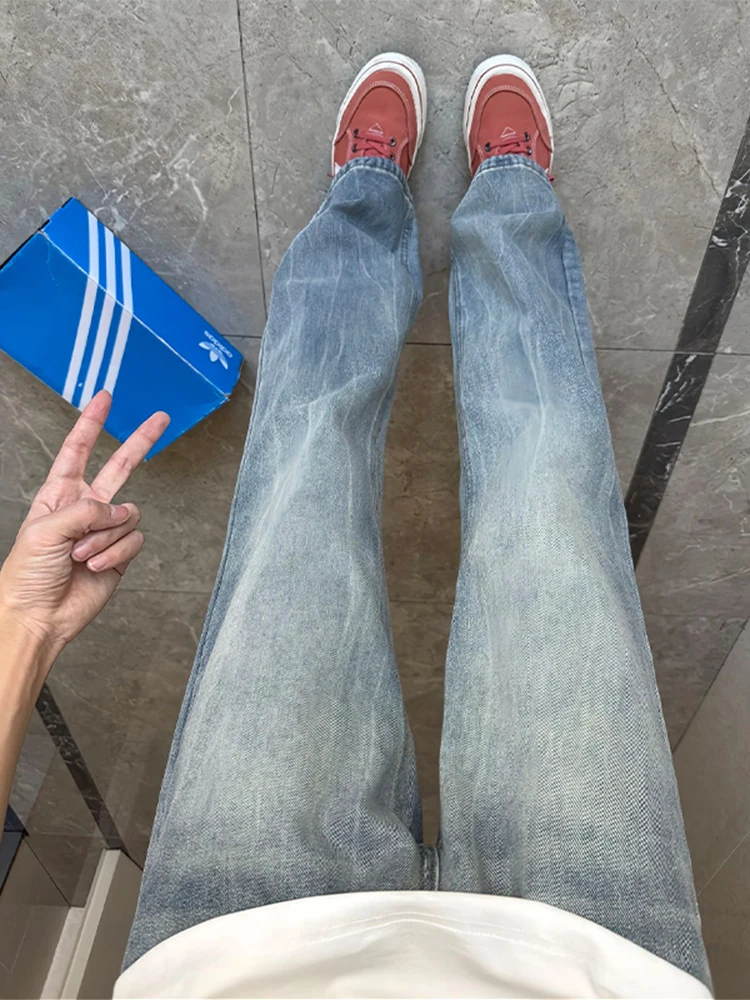 

Retro American Bamboo Pattern Men's Jeans Summer Cool High Waist Straight Leg Micro Flared Pants Wear Resistant Loose Fit