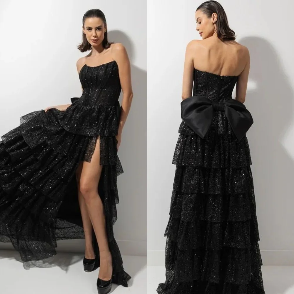 

Customized Sizes Available Net Pleat A-line Tiered Bow Strapless Long Dresses Bespoke Occasion Dresses Classic Exquisite Modern