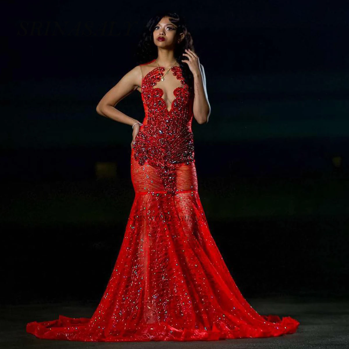 

Customized Rhinestone Lace Mermaid Prom Dresses For Black Girl Diamonds Glitter Sleeveless Crystal Beading Evening Gown Robe