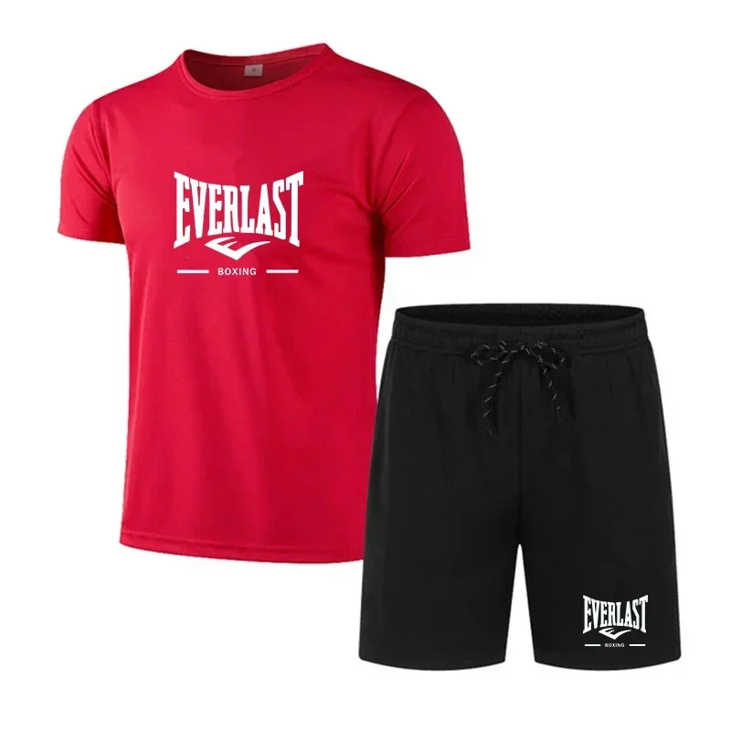 EVERLAST men's breathable jogging sportswear two-piece set summer leisure fitness brand set running suit T-shirt and shorts