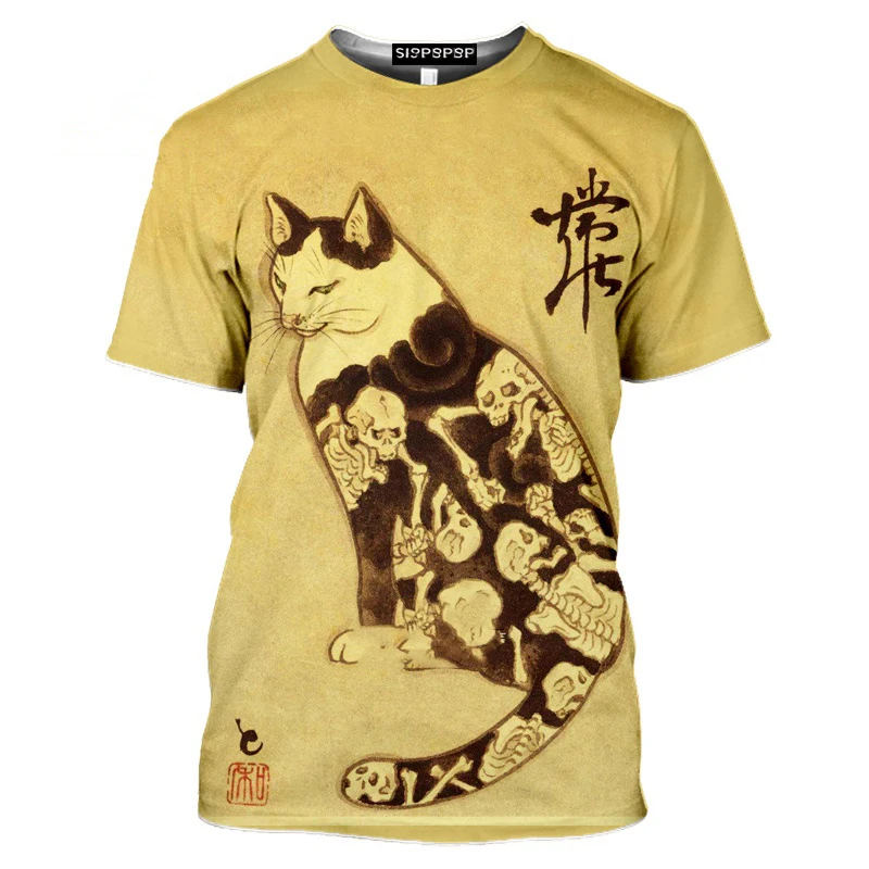 2024 Retro T-shirt Men Women Samurai Cat Tattoo Shirt For Men 3d Print Cool Classic Art Shirt For Summer Round Collar Tops Tees