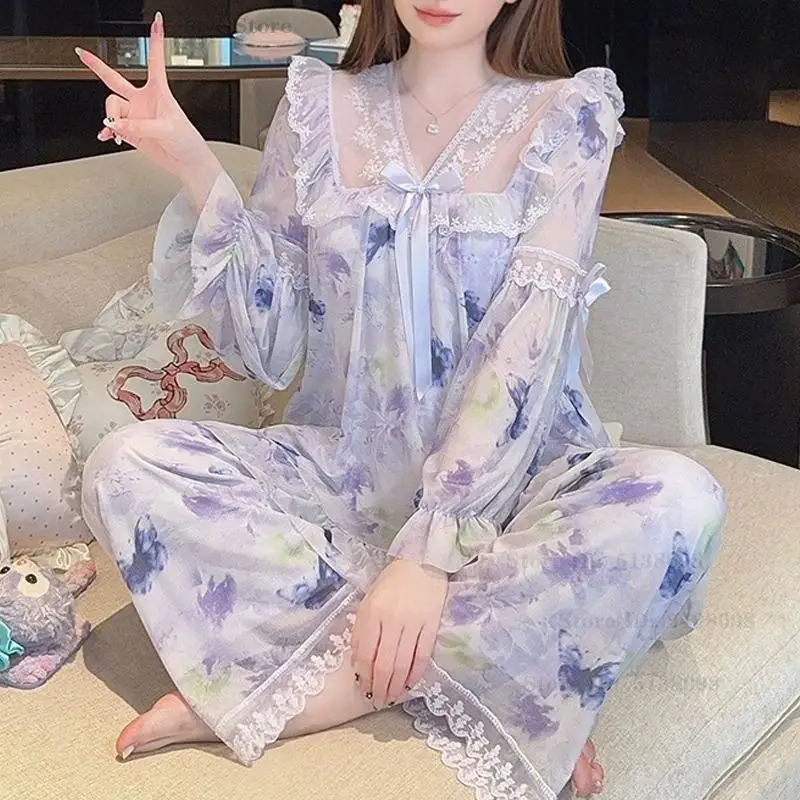 

New Sweet Mesh Pajamas Set Sexy Lace Princess Style Sleepwear Casual Printed Home Wear Exquisite Elegant Nightwear Loungewear