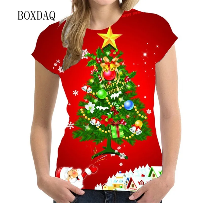 Christmas Tree 3d Print Women Fashion T-shirts Short Sleeve Street Hip Hop Christmas Ladies Tees Oversized Casual New Year Tops