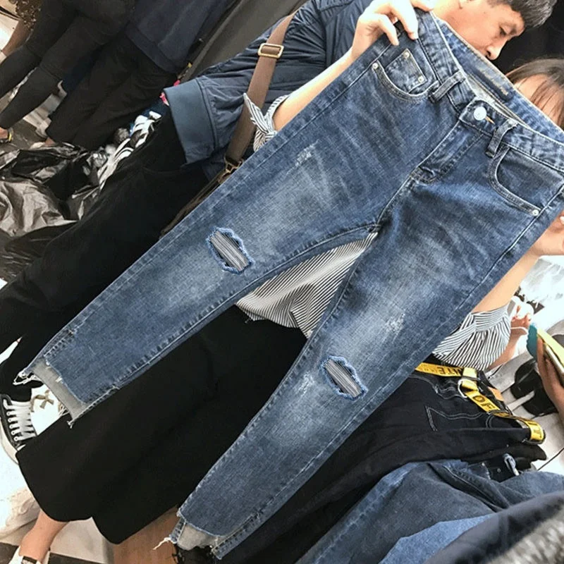 

plus Size Women's High Waist Skinny Jeans Nine Points Denim Pants Base Layer Pants Outwear Hole Punching Korean Style