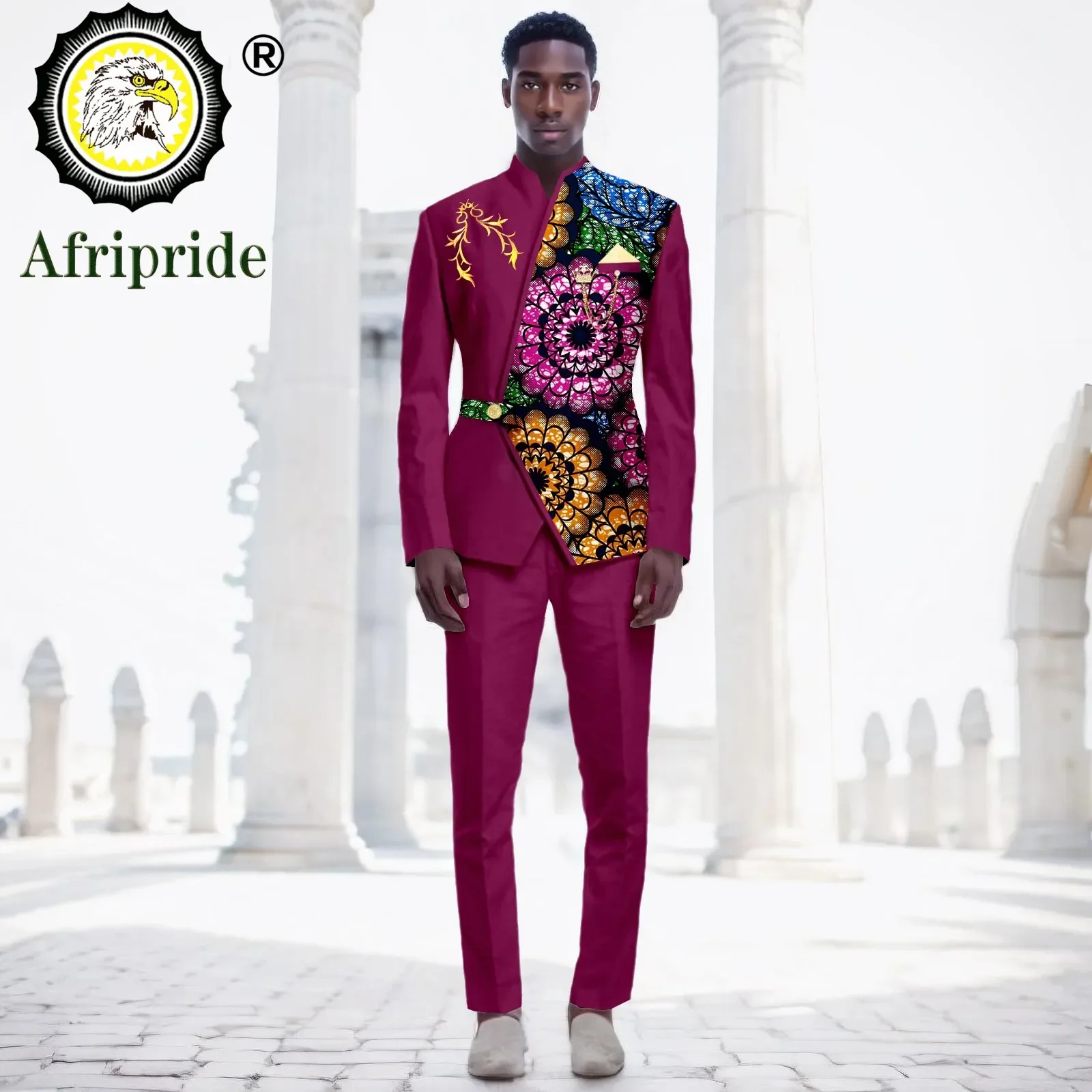 Men's 2 Piece Suit One Button Slim Fit Embroidery Print Blazer Pants Set African Clothes with Brooch for Party Wedding 2416047