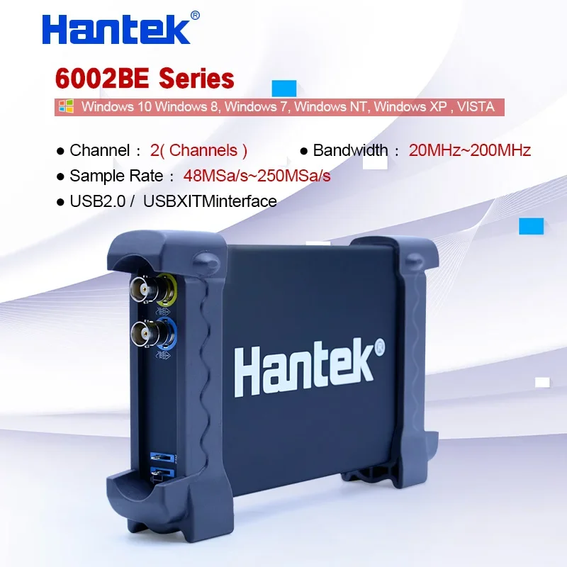 Hantek pc osciloscópio portátil de 2 canais 20mhz-200mhz 48ms/s-250msa/s osciloscópio usb 2.0 6002be série suporte win 7/8/10/nt