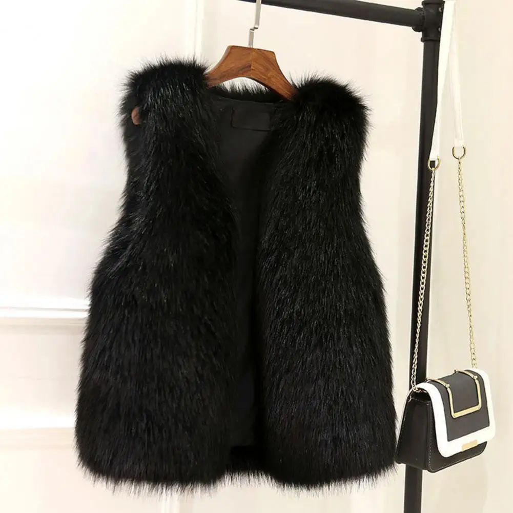 Women Vest Solid Color Faux Fur Cozy Fluffy Vest Soft Thick Sleeveless Open Stitch Front Cardigan Slim Fit Lady Waistcoat